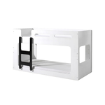 A white bunk bed with black accents, featuring a floor bed and a top bed, with the staircase on the left side, kids bunk bed singapore, kids bed singapore