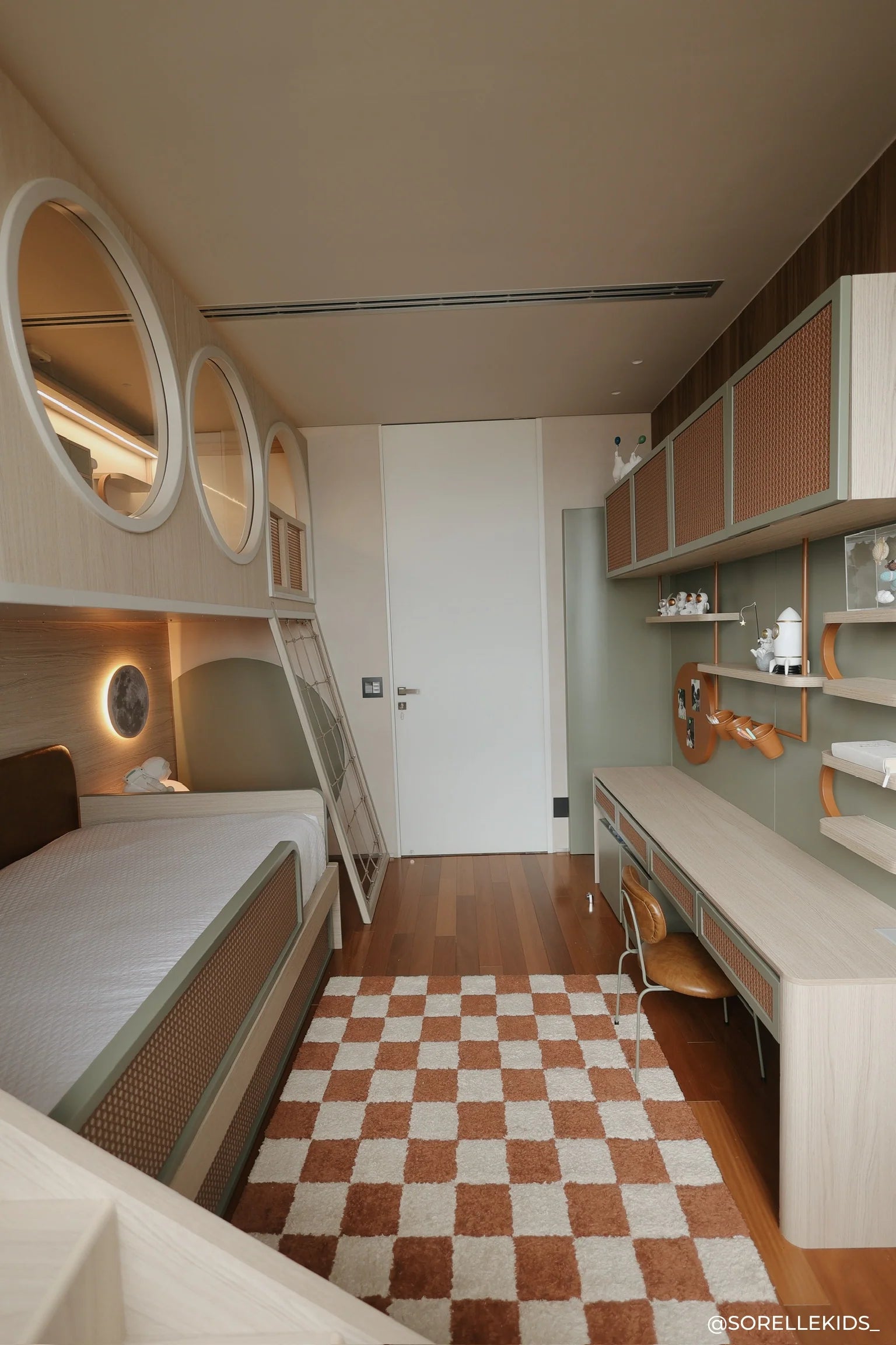 A rectangular rug with a traditional checkerboard pattern in toffee and cream colors, checkered rug, kids rug singapore