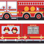 A semi loft bed with a curtain featuring a fire truck design. Available in Singapore, kids loft bed singapore