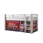 A semi loft bed with a curtain featuring a fire truck design. Available in Singapore, kids loft bed singapore