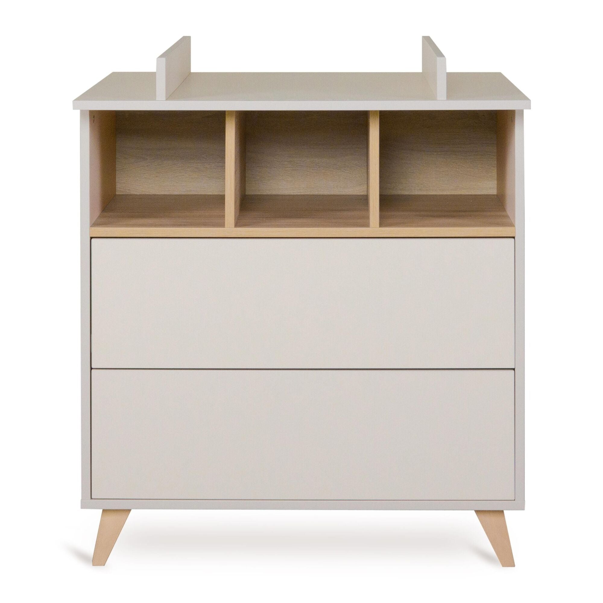 A white chest of drawers with a removable extension piece, designed for use as a changing table, quax loft chest clay