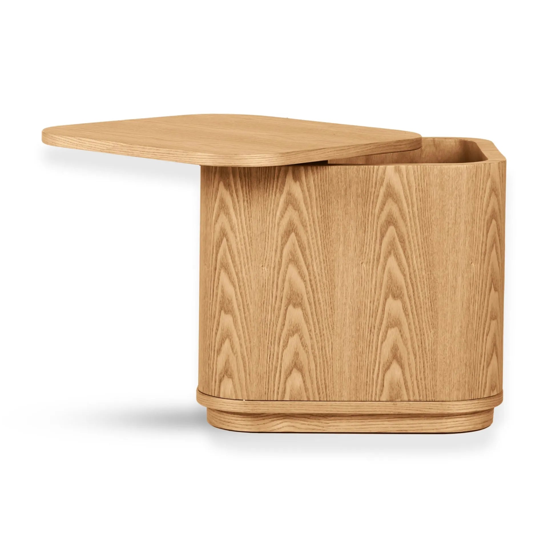 A wooden storage play table with a natural ash wood veneer finish, nordic japandi kids furniture