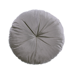 A round cushion with a slate grey color and a central orange button, from the Nobodinoz, Eco-Velvet collection, available in Singapore