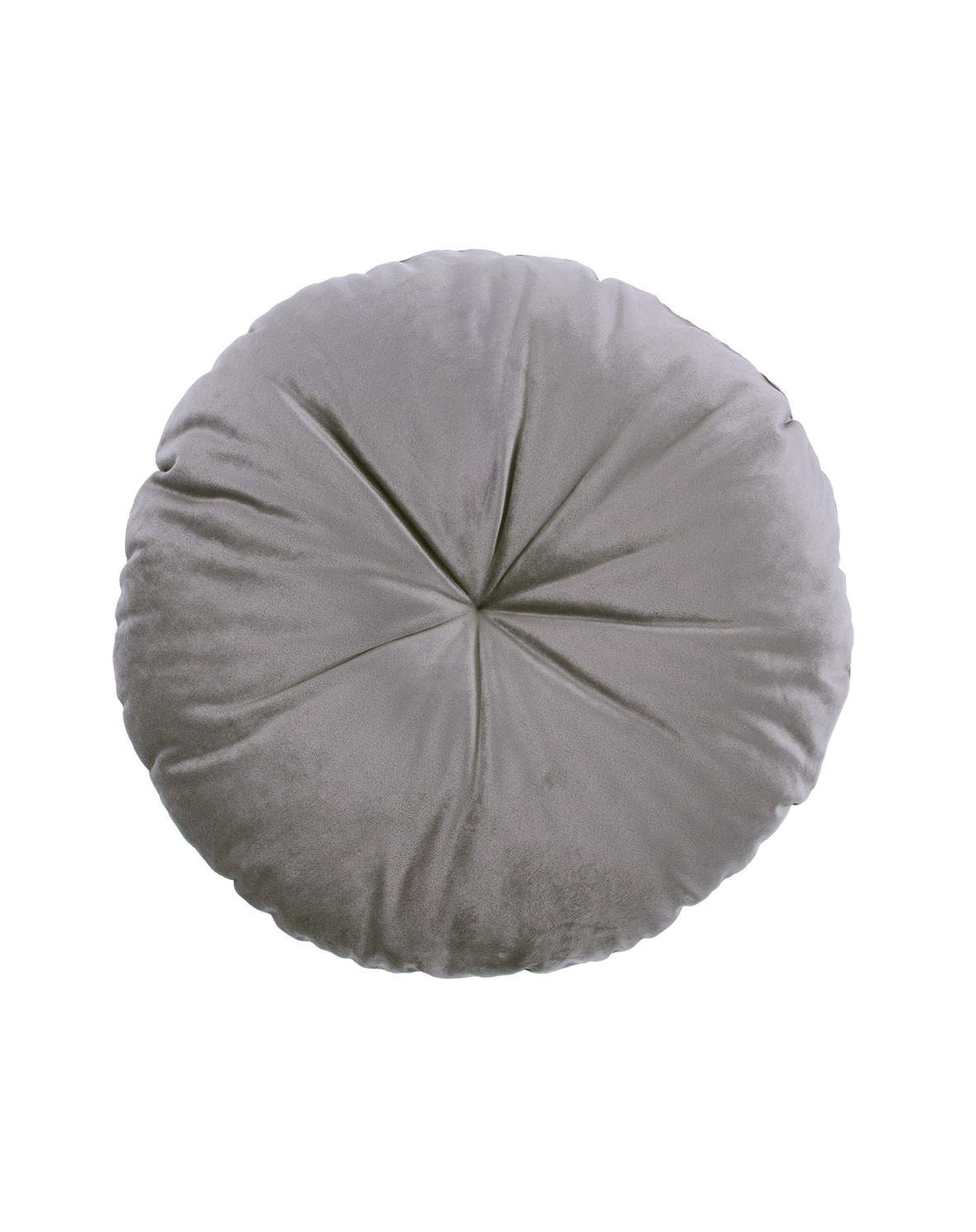 A round cushion with a slate grey color and a central orange button, from the Nobodinoz, Eco-Velvet collection, available in Singapore