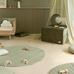 A sleepover mattress bean bag in olive green and a folded beige mattress, both made of eco-velvet. convertible mattress to pouf, kids bean bags and poufs Singapore