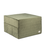 A sleepover mattress bean bag in olive green and a folded beige mattress, both made of eco-velvet. convertible mattress to pouf, kids bean bags and poufs Singapore