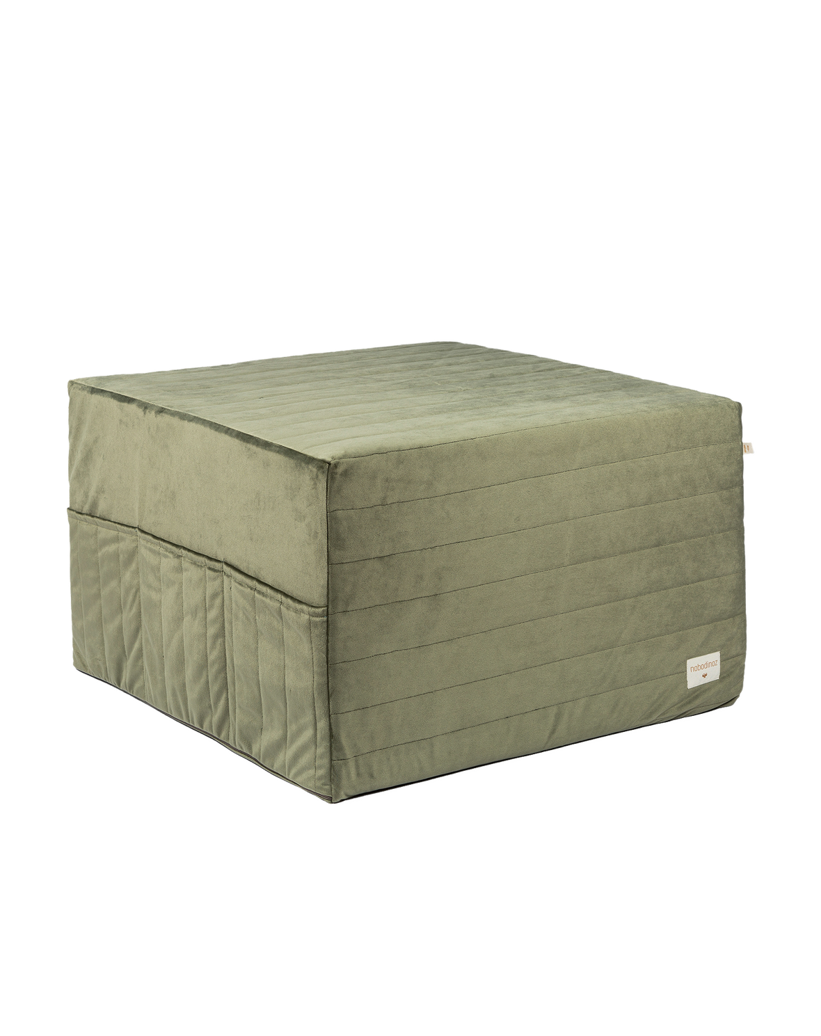 A sleepover mattress bean bag in olive green and a folded beige mattress, both made of eco-velvet. convertible mattress to pouf, kids bean bags and poufs Singapore