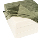 A sleepover mattress bean bag in olive green and a folded beige mattress, both made of eco-velvet. convertible mattress to pouf, kids bean bags and poufs Singapore