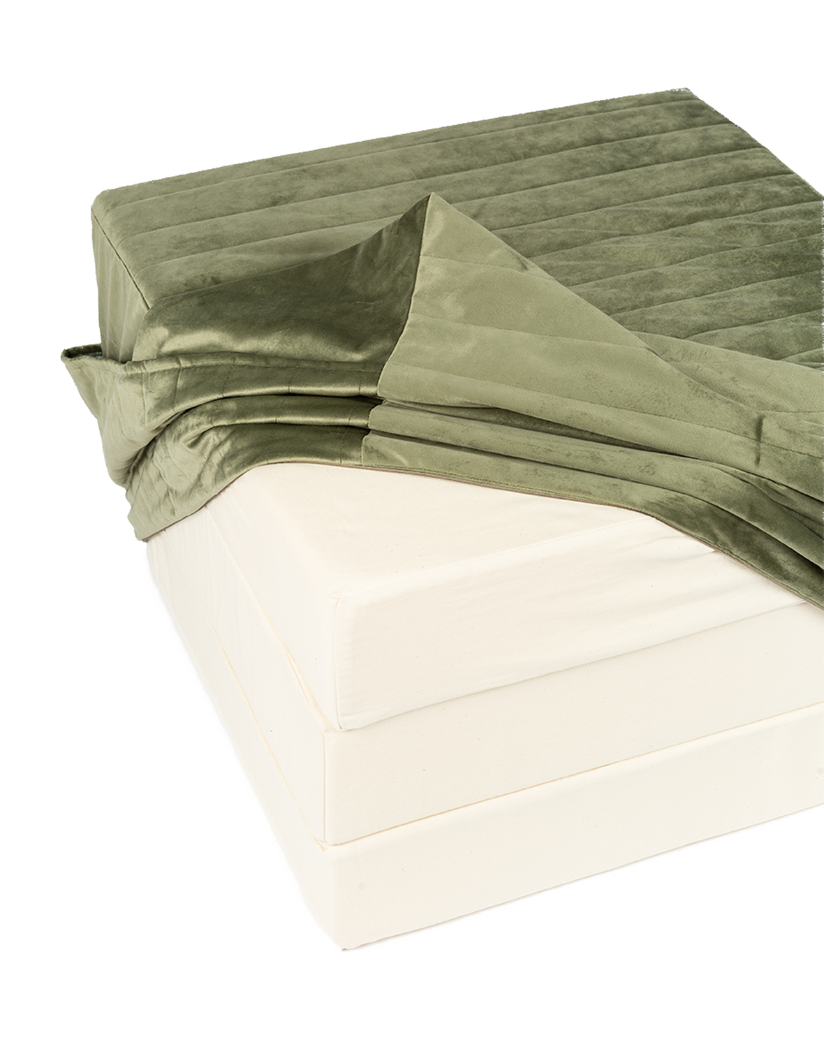A sleepover mattress bean bag in olive green and a folded beige mattress, both made of eco-velvet. convertible mattress to pouf, kids bean bags and poufs Singapore