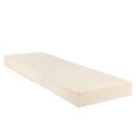 A sleepover mattress bean bag in olive green and a folded beige mattress, both made of eco-velvet. convertible mattress to pouf, kids bean bags and poufs Singapore