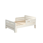 A white transformable bed with a mattress, designed to adjust in length. Available in Singapore, kids bed singapore