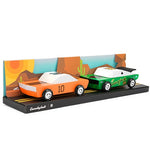 Deer Industries Wooden Toy Cars Candylab Junior Desert Race Set. Cool classic vintage wooden race cars in bright orange and geen blackjack. Great gift for car-lovers boys and girls. 