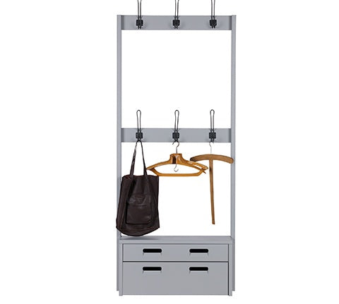 Deer Industries kids furniture. Store and hang what ever you want on this practical coat rack with storage bench in a matte concrete grey finish. Convenient and stylish storage solution. Dutch design, made in Europe out of FSC certified wood.