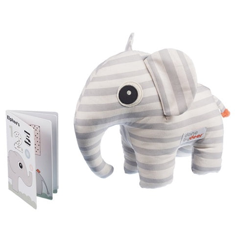 Deer Industries Gift box Soft Toy Elephant and booklet. Done by Deer Elphee makes great baby or toddler present. Gender neutral and stylish Scandinavian design soft toy and nursery or kids room decoration.