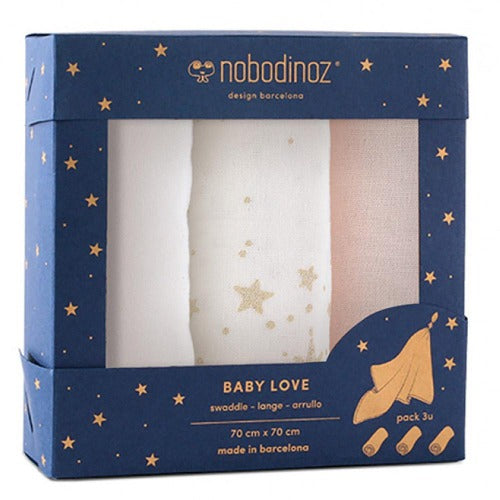 Deer Industries Nobodinoz Baby Love Swaddles 70x70. Soft organic cotton baby muslins. 