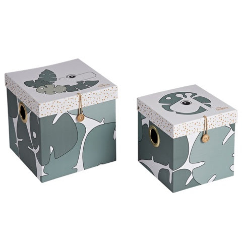 Deer Industries Done by Deer Box Set Tiny Tropics. Sturdy cardboard box set decorated with tropical green leaves and friendly animals. Great nursery and kids room decor. 