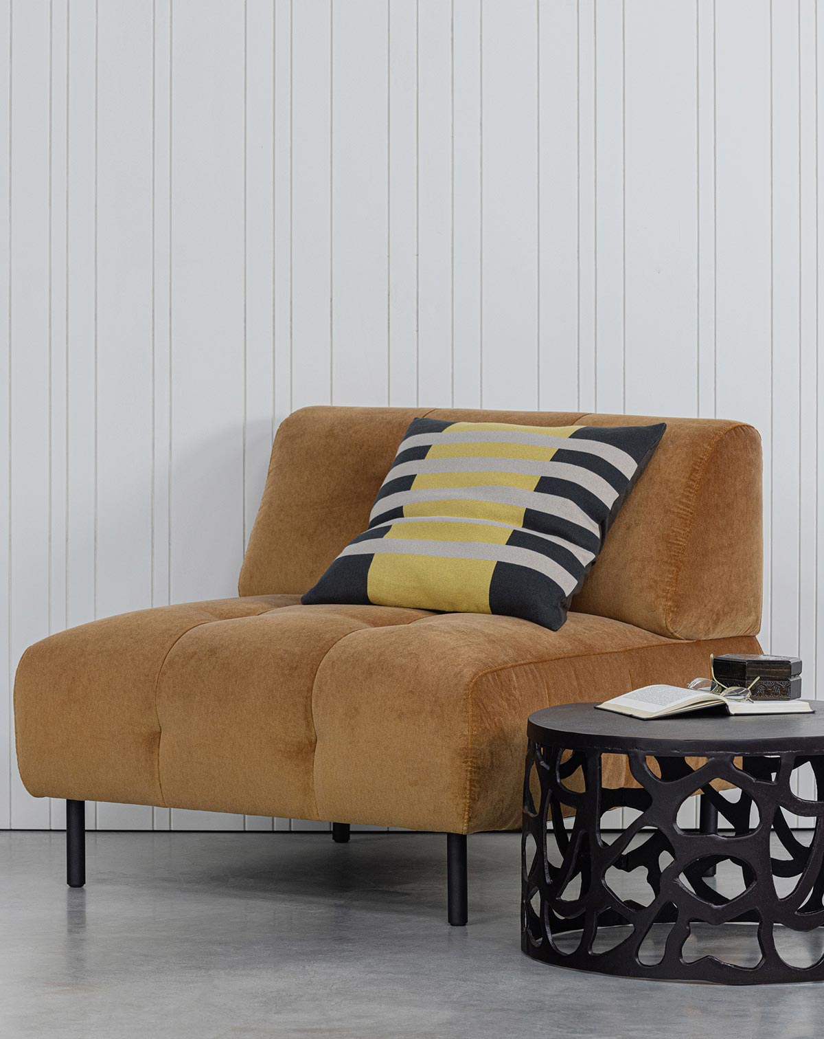 Deer Industries Lifestyle Furniture Store Singapore, Decorative Throw Cushion, Micky Cushion Stripe Cast Iron from Woood, Grey and Yellow Stripes Cushion