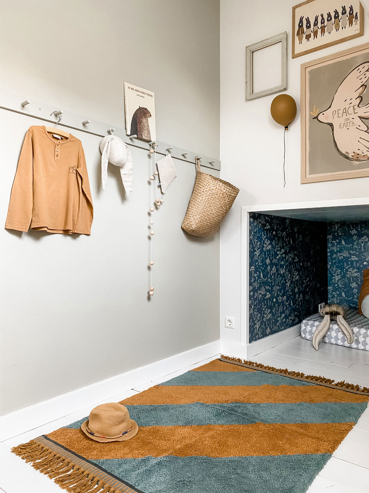 Deer Industries Rug, Tapis Petit Kids Rug, Machine-washable rug, ocher and blue stripe rug, boys room rug, kids rug singapore