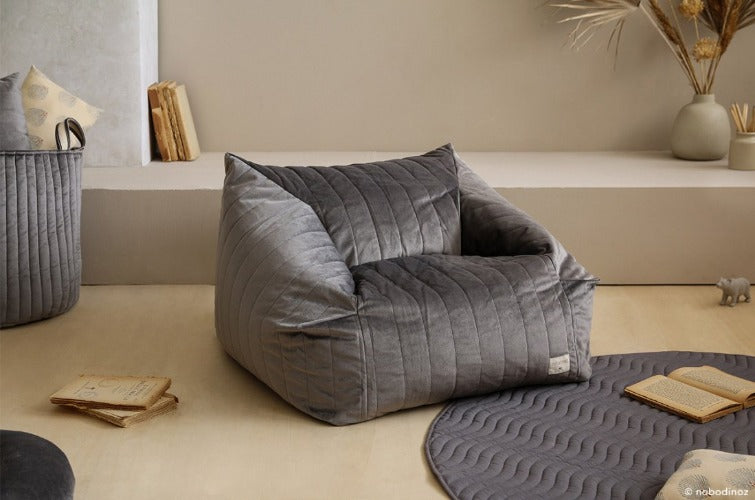 Deer Industries Kids Furniture Store SIngapore, Nobodinoz Grey Velvet Beanbag Chelsea, Kids beanbag with machine-washable removable cover 