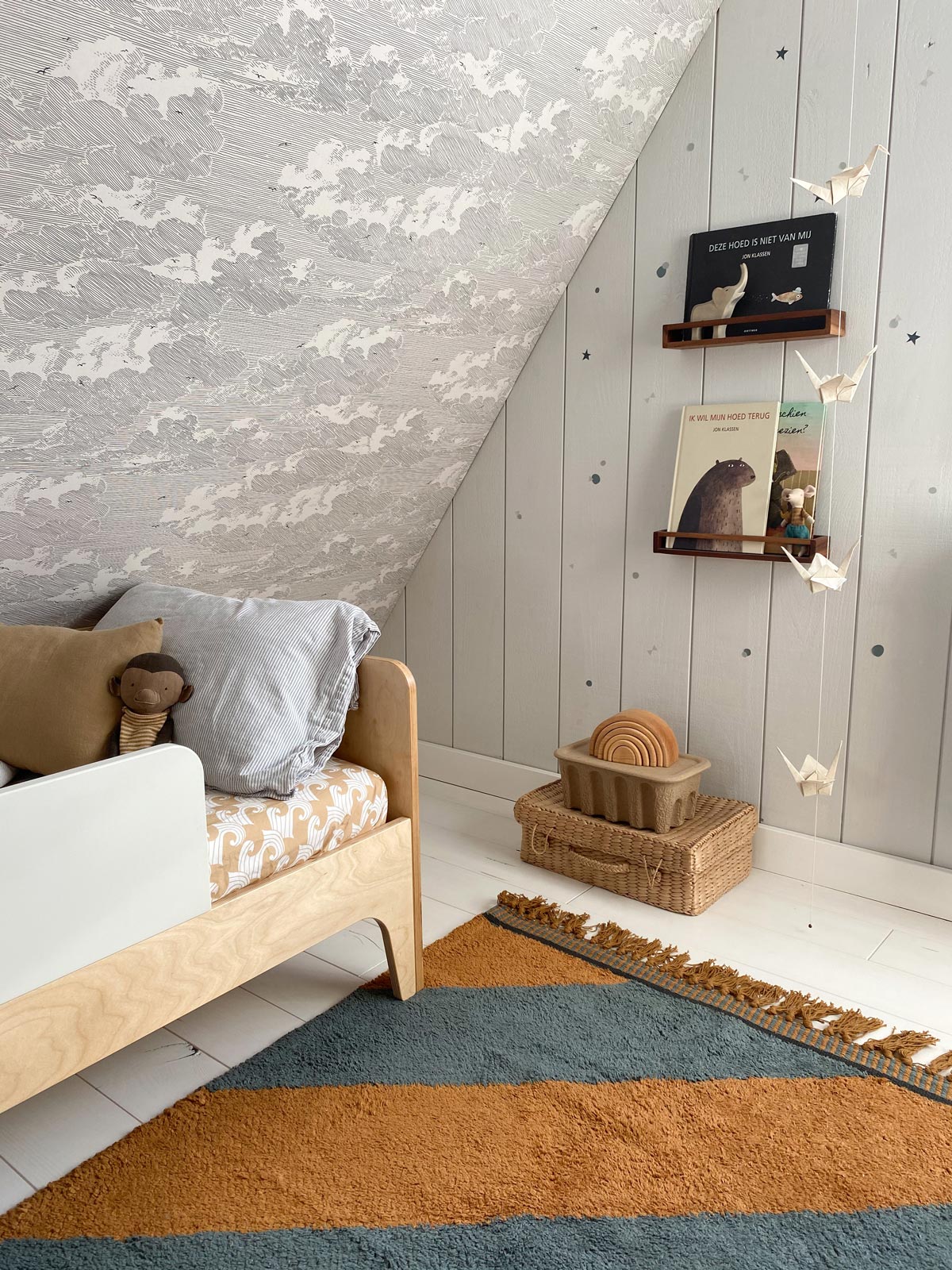 Deer Industries Rug, Tapis Petit Kids Rug, Machine-washable rug, ocher and blue stripe rug, boys room rug, kids rug singapore