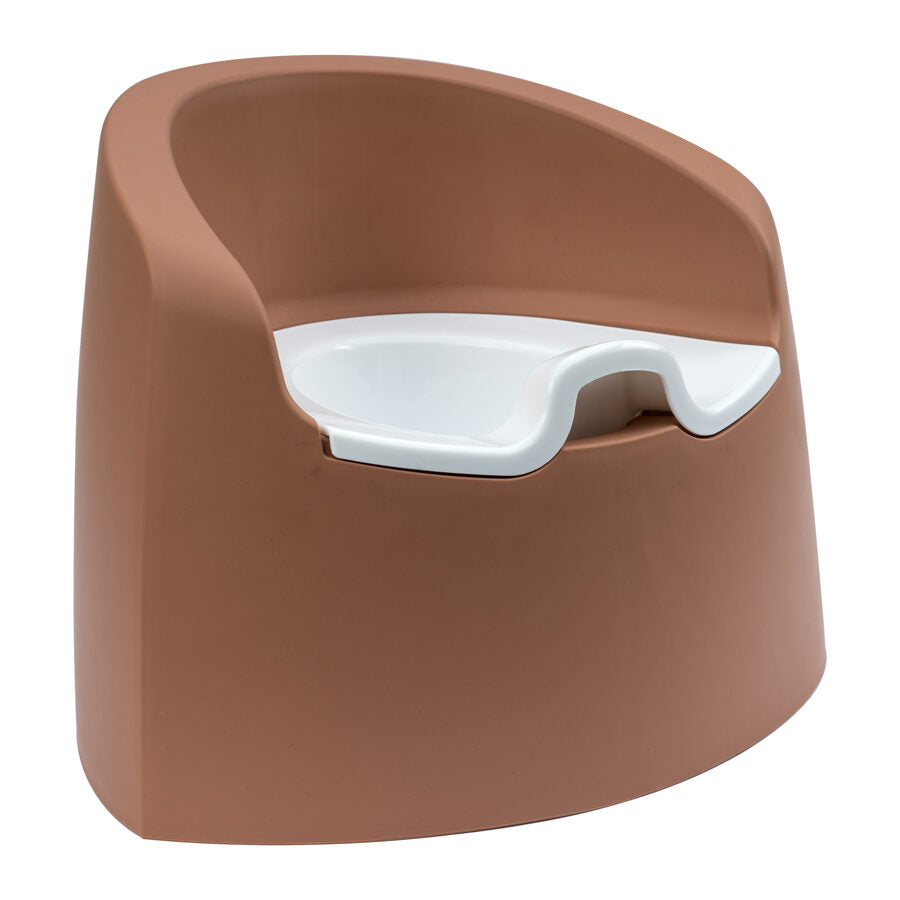 A brown Quax potty with a white inner bowl designed for toddlers, featuring a high backrest and anti-slip layer.