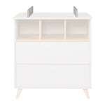 A white chest of drawers with a removable extension piece, designed for use as a changing table, quax loft chest clay