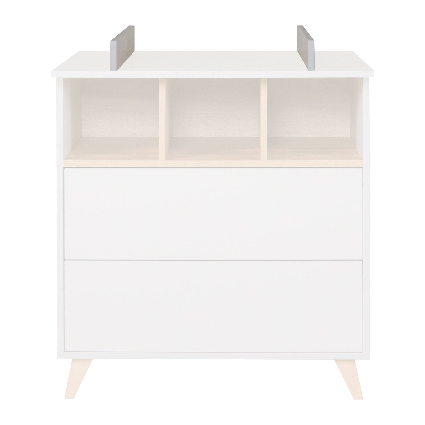 A white chest of drawers with a removable extension piece, designed for use as a changing table, quax loft chest clay