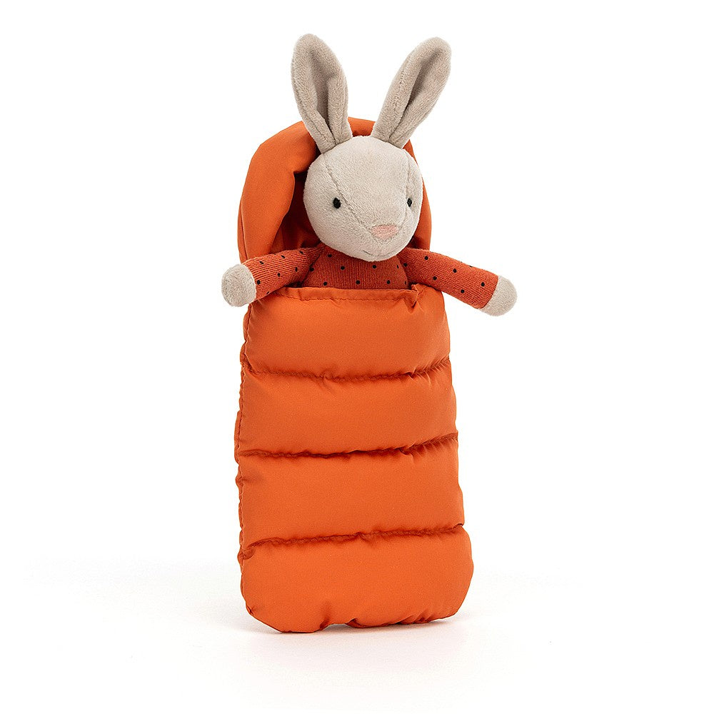 Deer Industries Jellycat Snuggler Bunny. Soft toy bunny in orange sleeping bag.