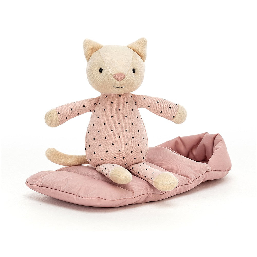 Deer Industries Jellycat Snuggler Cat. Soft toy kitten in PJs and pink sleeping bag. 