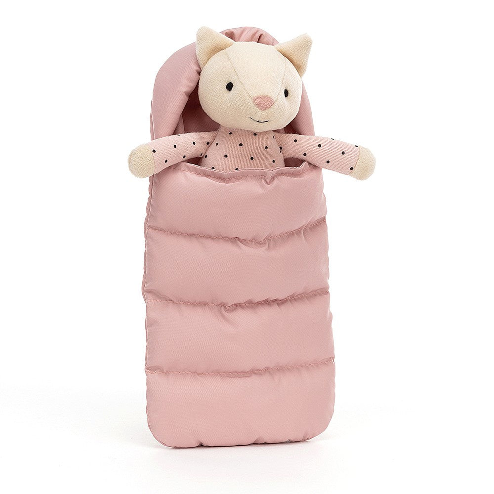 Deer Industries Jellycat Snuggler Cat. Soft toy kitten in PJs and pink sleeping bag. 