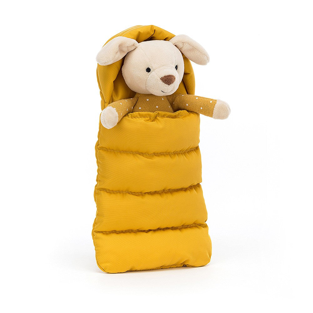 Deer Industries Jellycat Snuggler Puppy. Soft toy dog in yellow sleeping bag. 