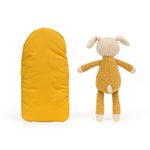 Deer Industries Jellycat Snuggler Puppy. Soft toy dog in yellow sleeping bag. 