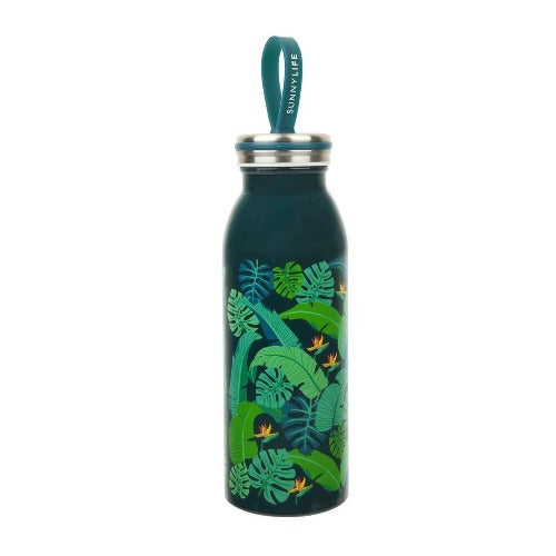 Deer Industries Sunnylife Flask monteverde. Waterbottle that keeps your drinks warm or cold, with tropical print.