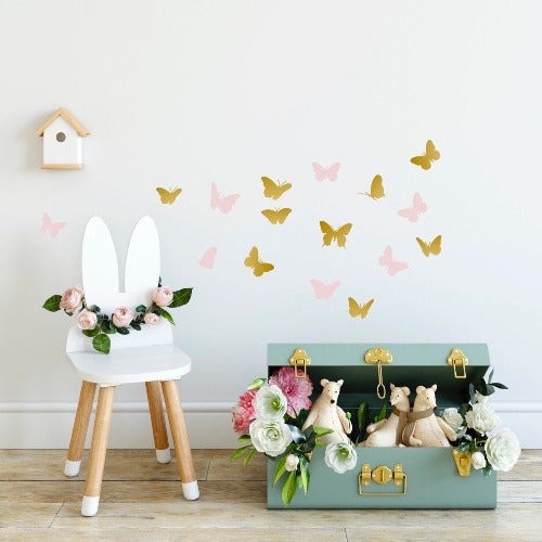 Deer Industries Kids Store, Kids Wall Decals, Kids Wall Decor, Wall Stickers Gold Pink Butterfly, Pom Le Bonhomme, girls room decor ideas, butterfly decals, pink room decor