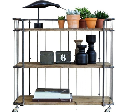 deer industries kids furniture metal industrial trolley, bookcase or shelving for storage medium size. With a wooden shelves and lockable wheels.