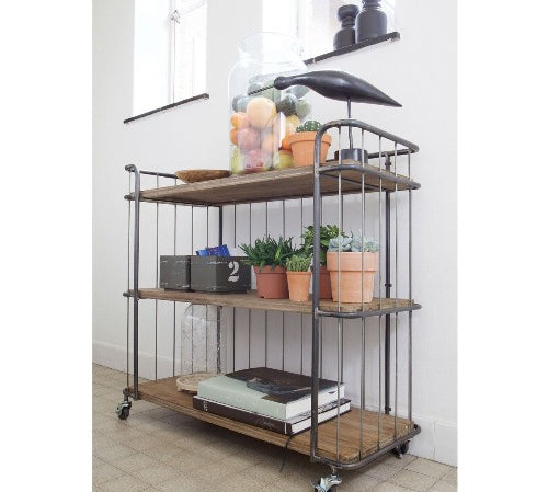 deer industries kids furniture metal industrial trolley, bookcase or shelving for storage medium size. With a wooden shelves and lockable wheels.
