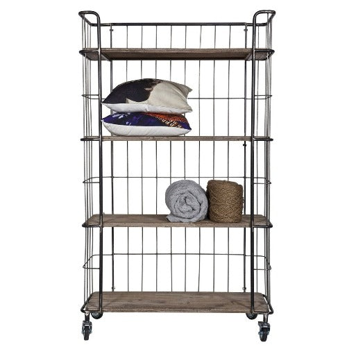 deer industries kids furniture bookcase metal industrial trolley or shelving for storage large size. With wooden shelves and lockable wheels. Super cool for boys room, but also suitable for rugged edge in living room or kitchen. 