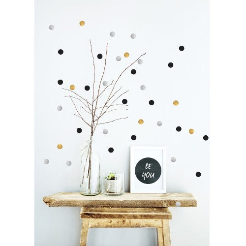 Deer Industries Wall decor for kids. Pom Wall decal dots chic. Gold Silver and black dots to decoration nursery, toddler or kids room. Gender neutral and repositionable.
