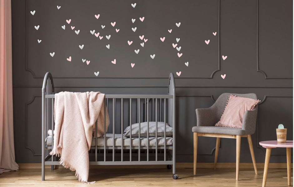 Pom Wall Stickers Open Hearts Pink Silver, Kids Room Wall Decor, Hearts Wall Decal