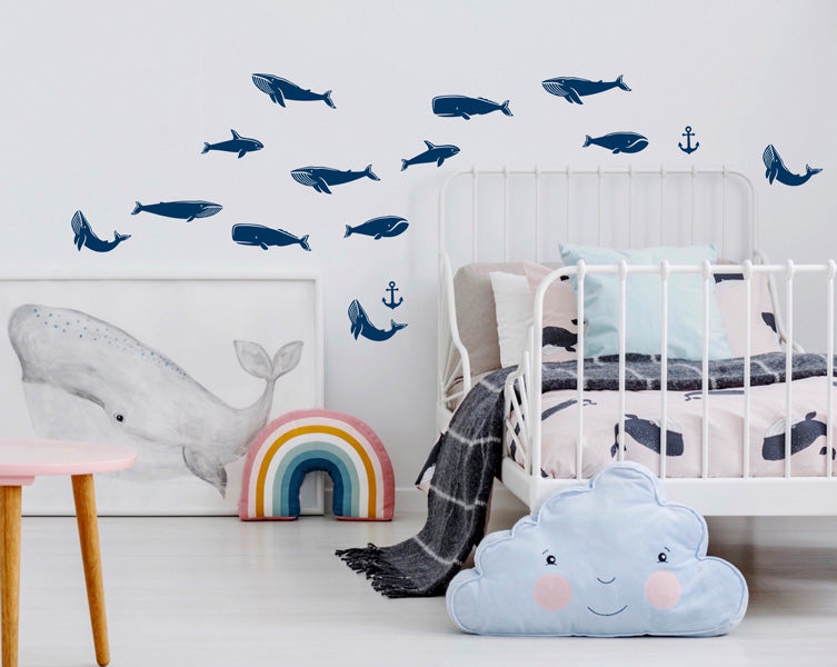 Deer Industries Pom Wall Stickers Whale Blue, Wall Decal Blue, Kids Room Decor