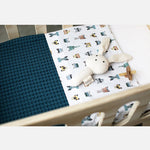 Deer Industries Baby bedding Studio Ditte Flat Sheet for cot bed with vintage cars and work vehicles. Retro inspired printed sheet for baby boy. Great nursery decoration for baby boys.