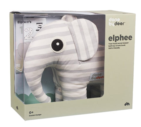Deer Industries Gift box Soft Toy Elephant and booklet. Done by Deer Elphee makes great baby or toddler present. Gender neutral and stylish Scandinavian design soft toy and nursery or kids room decoration.