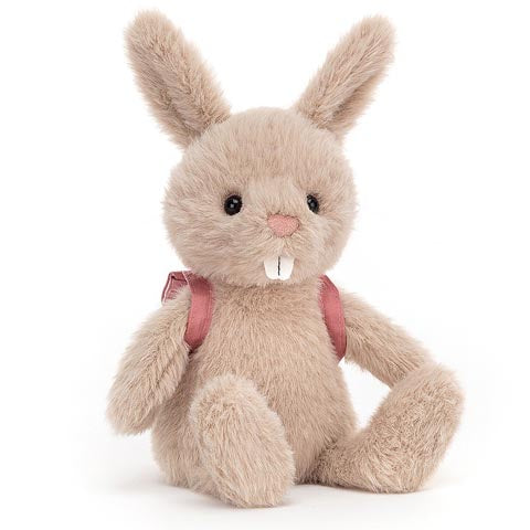 Deer Industries Jellycat Soft Toy Backpack Bunny. Soft toy beige rabbit with pink backpack. 