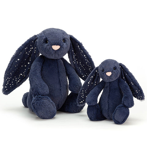 Deer Industries Jellycat Bashful Bunny Stardust. Navy blue rabbit soft toy with silver stars in ears. Soft bunny gift for baby, toddler, boy or girl. Shop Jellycat at Deer Industries, wides range of Singapore. 