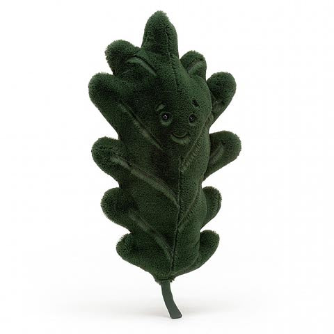 Deer Industries Jellycat Woodland Oak Leaf. Plush leaf in dark green. Botanical soft toy.
