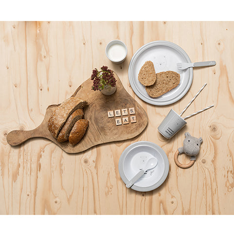 Deer Industries Melamine dinner set for baby and toddler. grey and white with cute bear. Great gender neutral baby present.