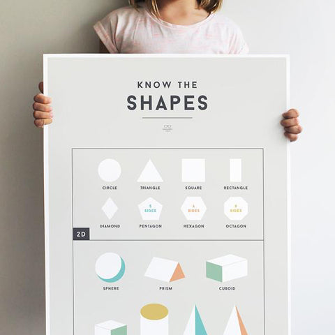 Deer Industries Squared Educational Shapes Kids Poster. Gender neutral wall decoration for kids bedroom, playroom or nursery. Educational yet stylish charts posters in soft pastel colours. Made in Australia.