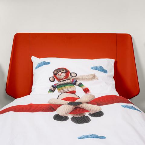 Deer Industries Kids Bedding Snurk Airplane Monkey duvet cover and pillow case. this braided flying soft toy monkey, printed on 100% cotton makes great kids room decor for boys or girls. 