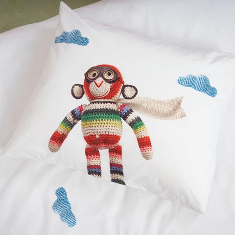 Deer Industries Kids Bedding Snurk Airplane Monkey duvet cover and pillow case. this braided flying soft toy monkey, printed on 100% cotton makes great kids room decor for boys or girls. 