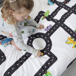Deer Industries Kids Bedding Snurk Clay Traffic Duvet Cover. Black and white roadmap with colourful clay cars on 100% soft cotton. 